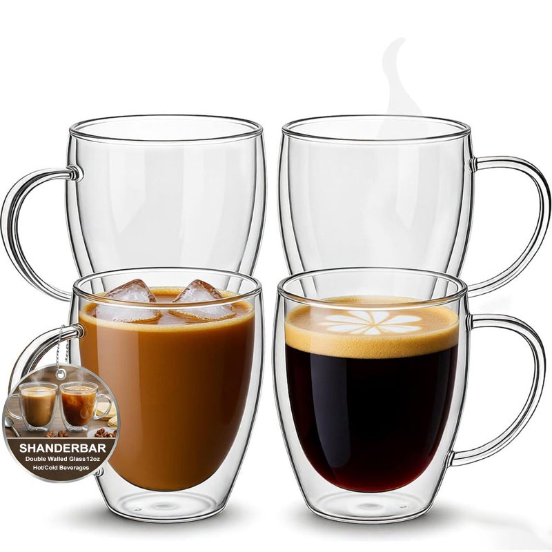 SHANDERBAR Set of 4 Double Walled Glass Coffee Mugs with Handles, 12oz Clear Coffee Mugs for Hot/Cold Beverages, Insulated Borosilicate Glass Cups for Cappuccino, Espresso, Latte, Tea, Milk, Microwave Safe - Image 1