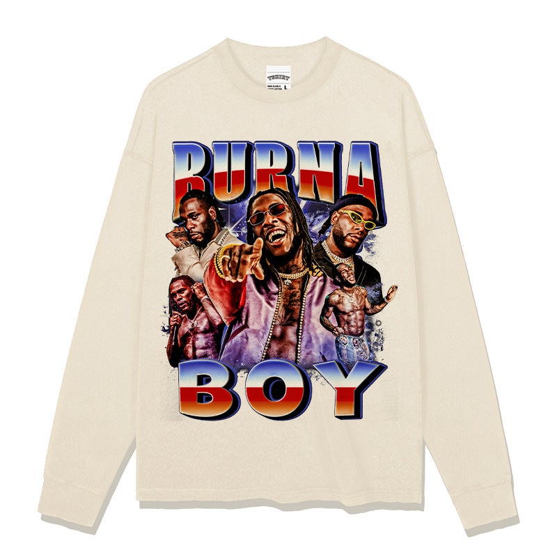 American Retro Hip-Hop Bernard Boy Burna Boy Printed Short-Sleeved T-Shirt Heavy Round Neck Hooded Sweatshirt - Image 1