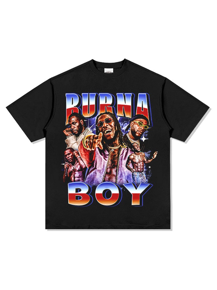 American Retro Hip-Hop Bernard Boy Burna Boy Printed Short-Sleeved T-Shirt Heavy Round Neck Hooded Sweatshirt - Image 3
