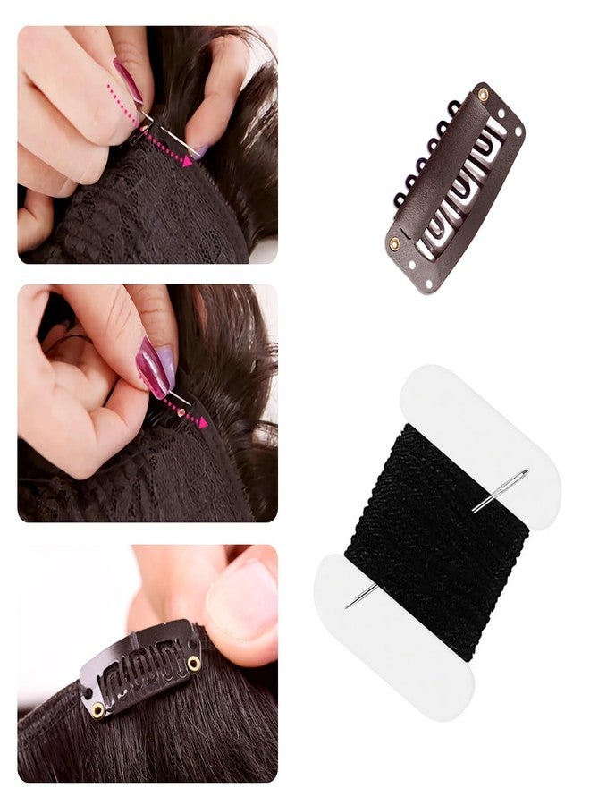 uadbau 20 Pcs 32mm 6-Teeth U-Shape Wig Clips for Hair Extensions, with DIY Needle and Thread Kit - Snap Clips for Hair Extensions (Dark Brown) - Image 2