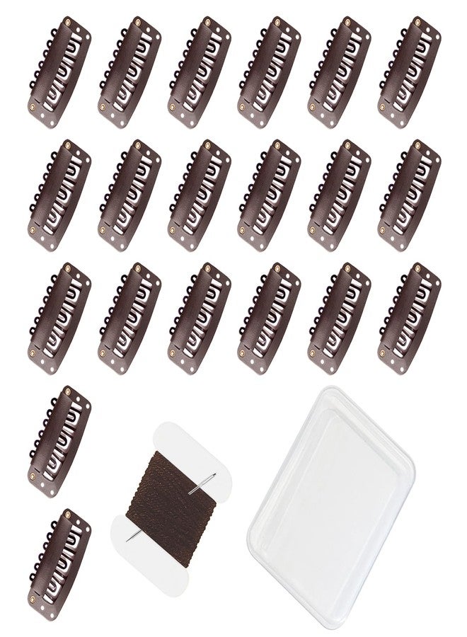 uadbau 20 Pcs 32mm 6-Teeth U-Shape Wig Clips for Hair Extensions, with DIY Needle and Thread Kit - Snap Clips for Hair Extensions (Dark Brown) - Image 1