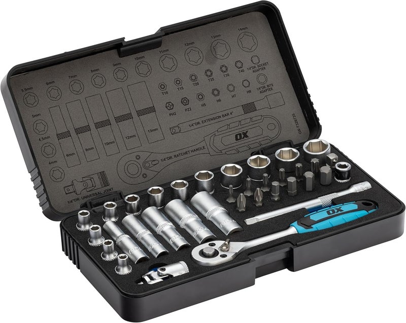 OX Tools OX Trade 1/4" Drive Socket Wrench Set, 35pcs Metric Impact Socket Set with 72T Ratchet Handle - Image 1