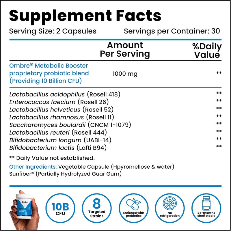 Ombre Metabolic Booster Probiotic  Supports Metabolism Healthy Weight Management  Digestion  Energy  Gut Health Supplement for Women and Men  10 Billion CFU Prebiotic Fiber Vegan 30 Servings - Image 4