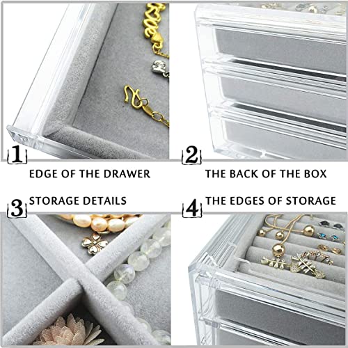 Snazzy Acrylic Jewelry Box 3 Drawers, Velvet Jewelry Organizer, Earring Rings Necklaces Bracelets Display Case Gift for Women, Girls (Gray) - Image 5