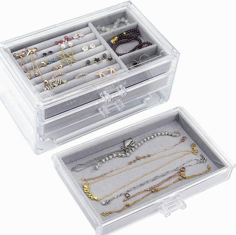 Snazzy Acrylic Jewelry Box 3 Drawers, Velvet Jewelry Organizer, Earring Rings Necklaces Bracelets Display Case Gift for Women, Girls (Gray) - Image 3