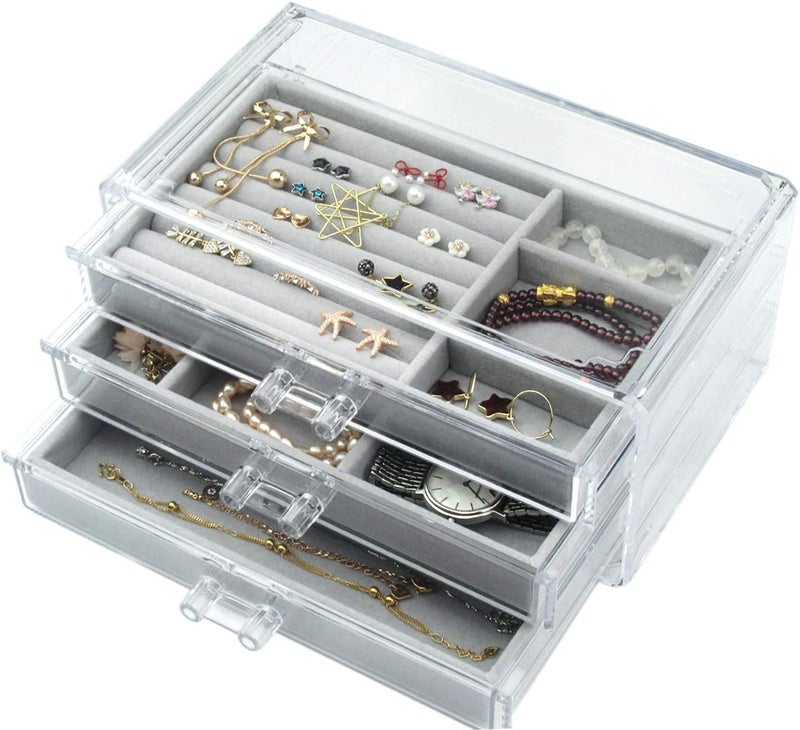 Snazzy Acrylic Jewelry Box 3 Drawers, Velvet Jewelry Organizer, Earring Rings Necklaces Bracelets Display Case Gift for Women, Girls (Gray) - Image 2