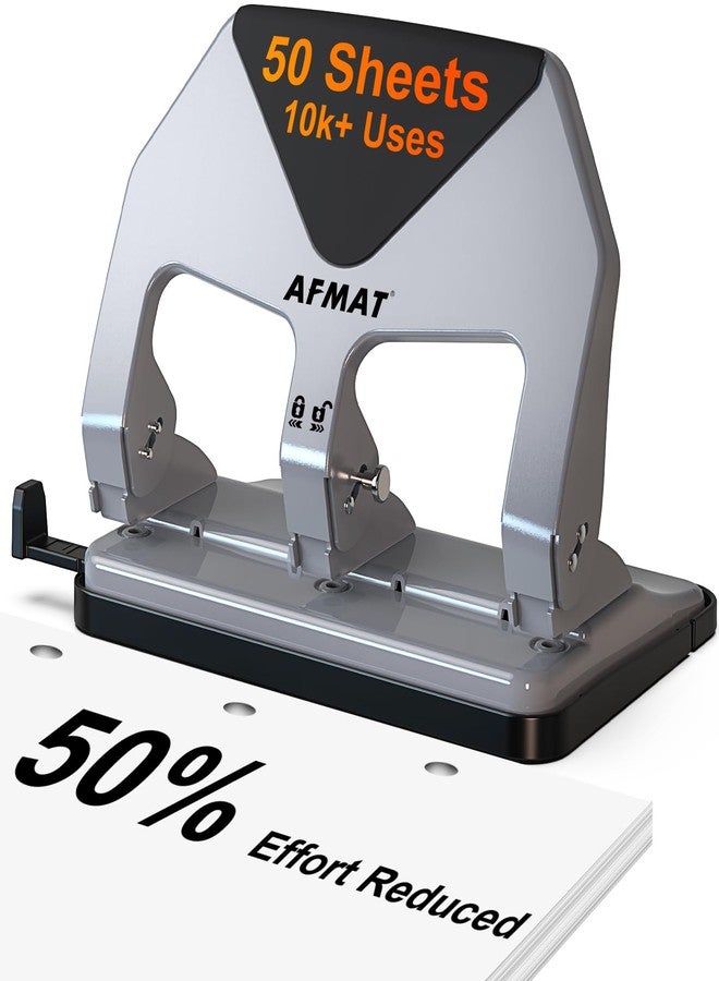 AFMAT 3 Hole Punch Heavy Duty, 50-Sheet Three Hole Punch, 50% Reduced Effort, 10,000+ Uses, 9/32" Holes, S.S. Paper Guide, 3 Hole Puncher for Binder, Metal Hole Puncher for Home Office School HP20 - Image 1