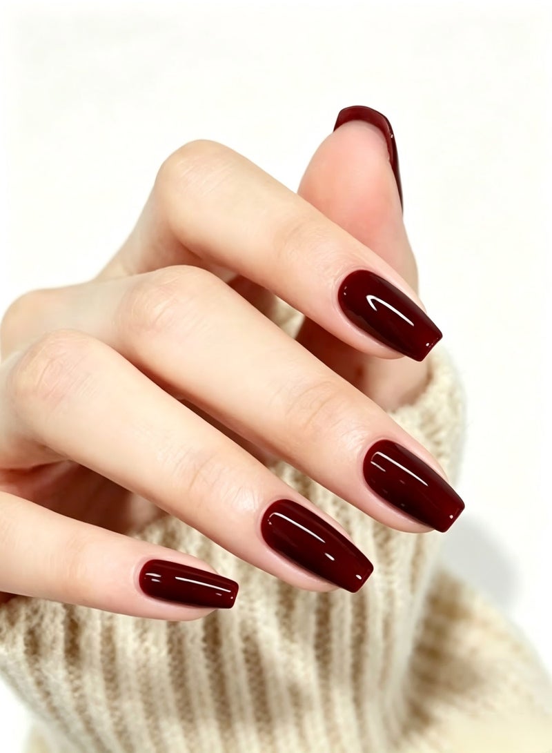 finlochee. Plum Red Press On Nails Short Coffin Shape Glossy Solid Artificial Nails Set Full Cover Fake Nails Reusable Stick On Nails Soft Gel Acrylic Nail Kit Elegant Minimalist Nails For Women Daily Wear Office Wedding Eid Party Salon Style Long Lasting Damage Free Nails - Image 1
