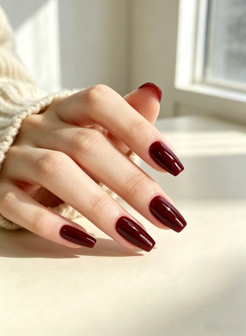 finlochee. Plum Red Press On Nails Short Coffin Shape Glossy Solid Artificial Nails Set Full Cover Fake Nails Reusable Stick On Nails Soft Gel Acrylic Nail Kit Elegant Minimalist Nails For Women Daily Wear Office Wedding Eid Party Salon Style Long Lasting Damage Free Nails - Image 2