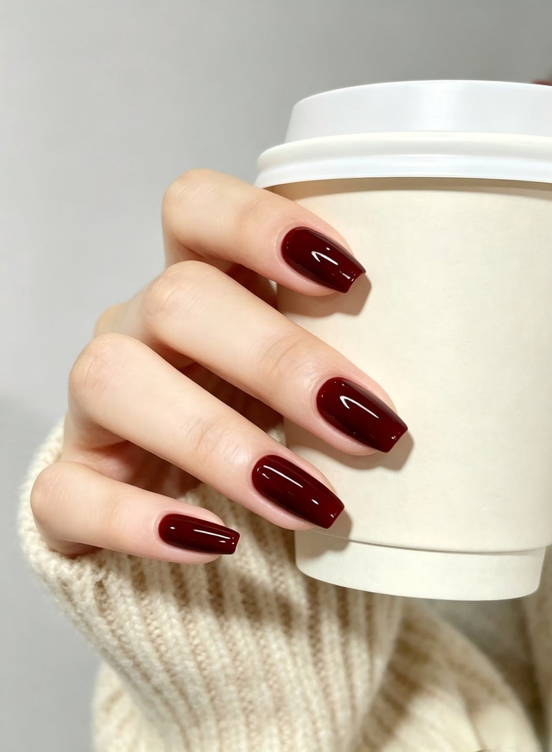 finlochee. Plum Red Press On Nails Short Coffin Shape Glossy Solid Artificial Nails Set Full Cover Fake Nails Reusable Stick On Nails Soft Gel Acrylic Nail Kit Elegant Minimalist Nails For Women Daily Wear Office Wedding Eid Party Salon Style Long Lasting Damage Free Nails - Image 4