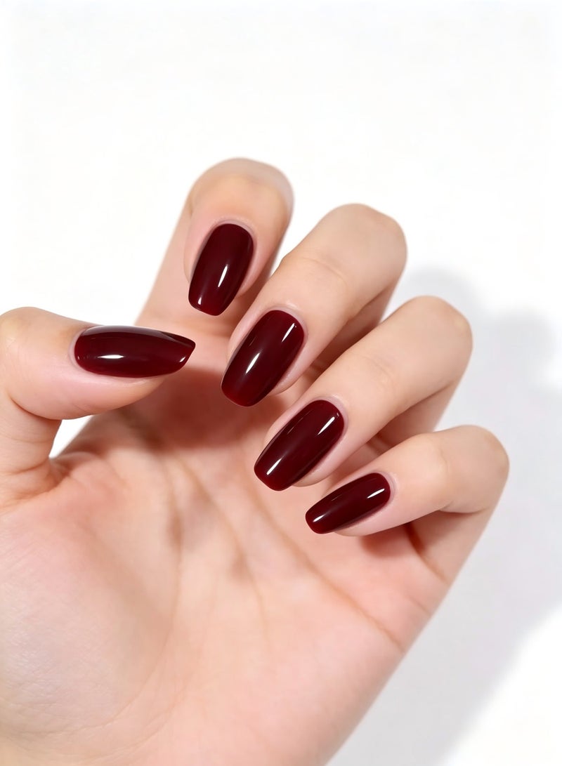 finlochee. Plum Red Press On Nails Short Coffin Shape Glossy Solid Artificial Nails Set Full Cover Fake Nails Reusable Stick On Nails Soft Gel Acrylic Nail Kit Elegant Minimalist Nails For Women Daily Wear Office Wedding Eid Party Salon Style Long Lasting Damage Free Nails - Image 3