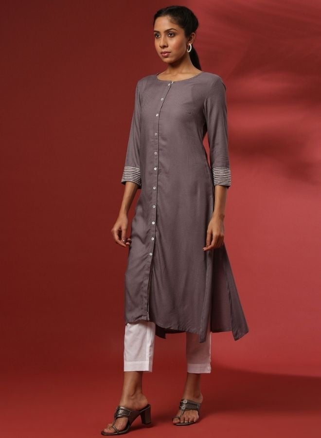 Abhishti Button down straight kurta- grey  - Image 3