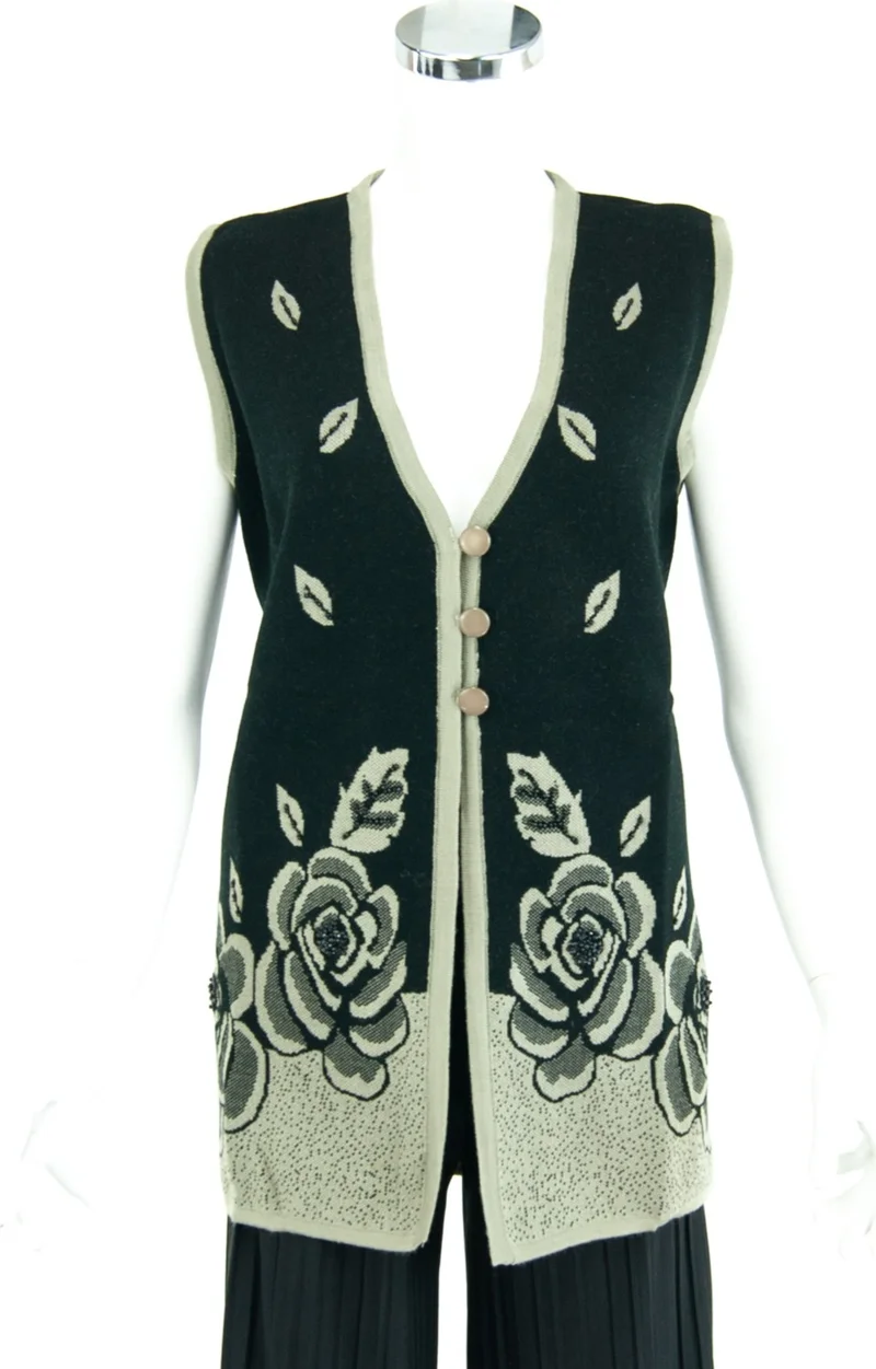 اوبلاند Women's Black Mother Boutique Vest Knitwear Winter Three-Button Rose Pattern Lycra Wool Woven