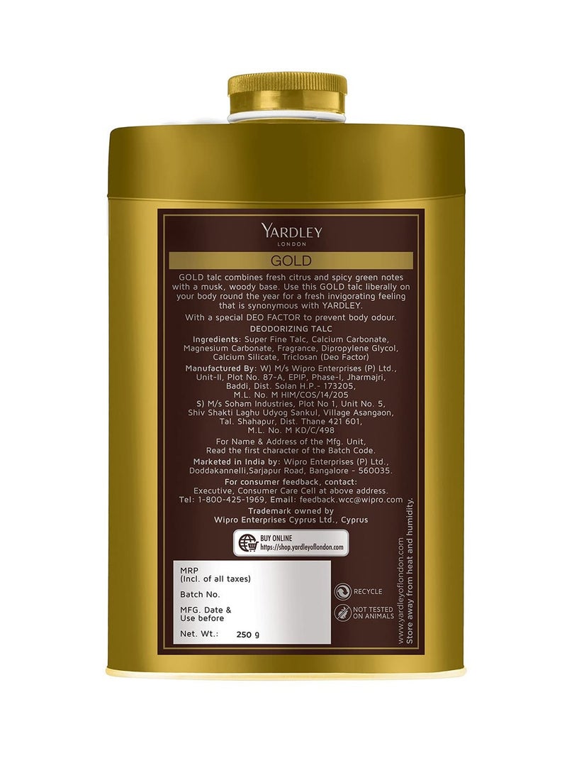 Yardley Yardley London Gold Deodorizing Talc Fresh Woody Scent Masculine Fragrance Body Talc for Men 250g  - Image 3