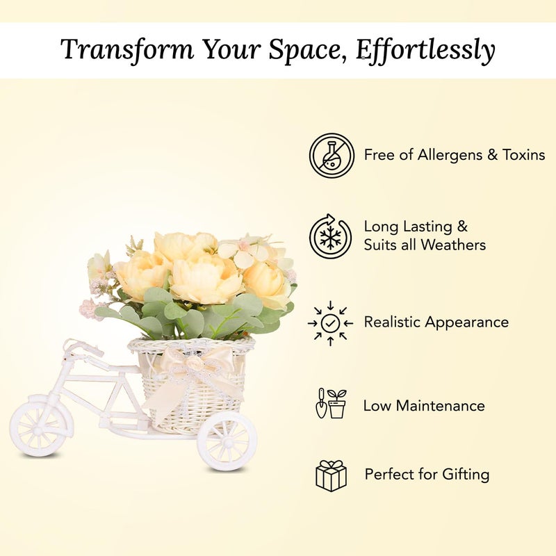 Ekhasa Rose Artificial Flowers with Bicycle for Home Decoration 11 CM Total Height 5 Flower Heads Guldasta Artificial Show Flower for Living Room Bedroom Hall Table Office Decor - Image 2