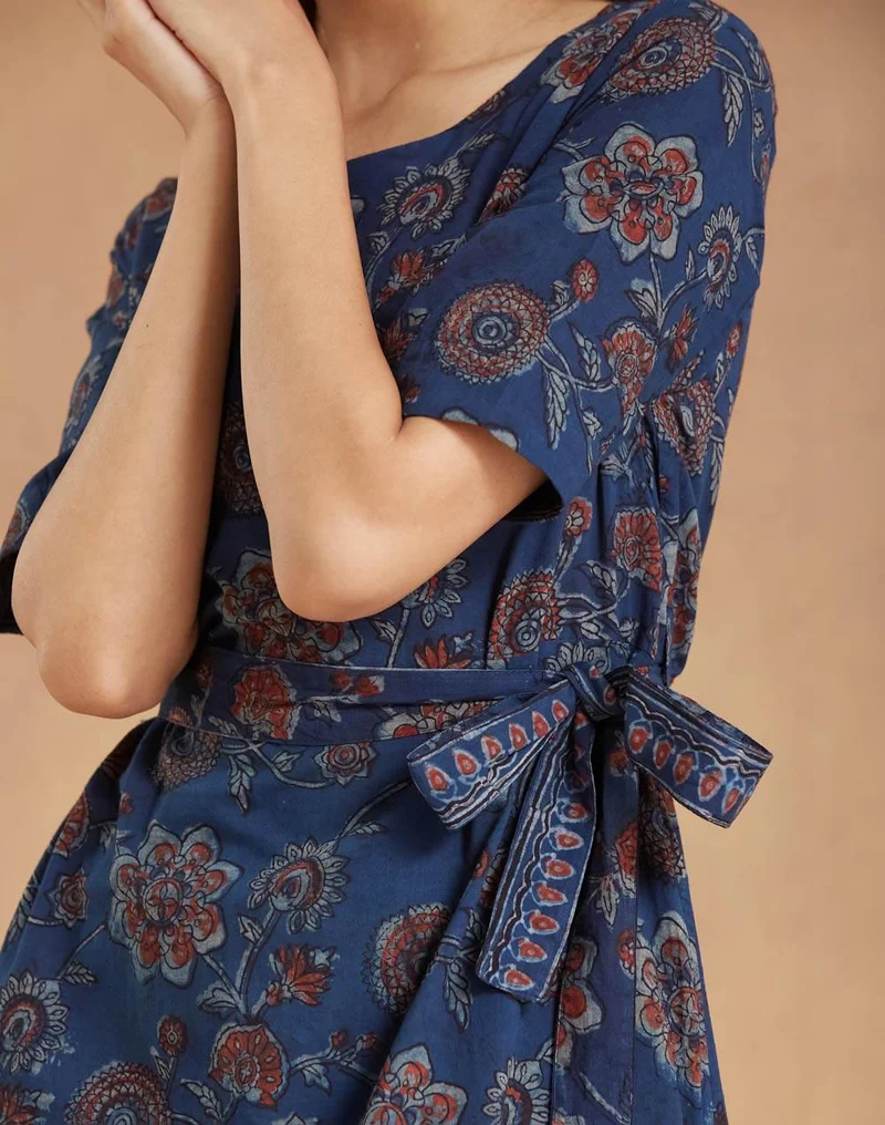 Fabindia  Blue Cotton Bagru Printed Midi Dress for Women | Best Price UAE