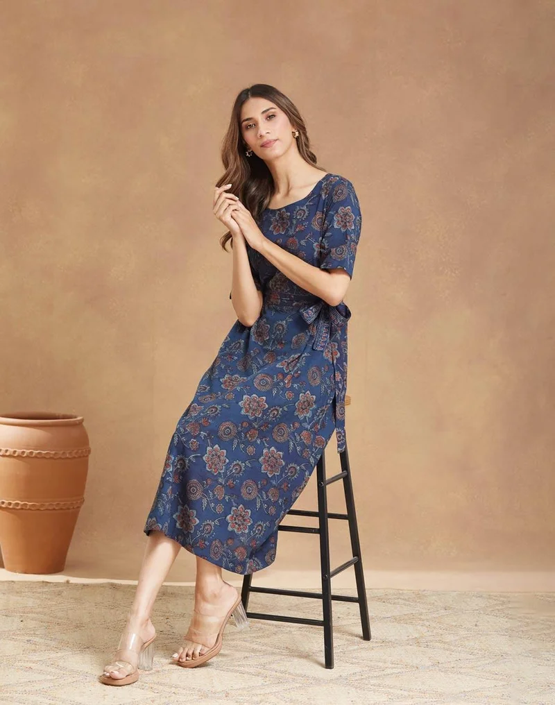 Fabindia Blue Cotton Bagru Printed Midi Dress