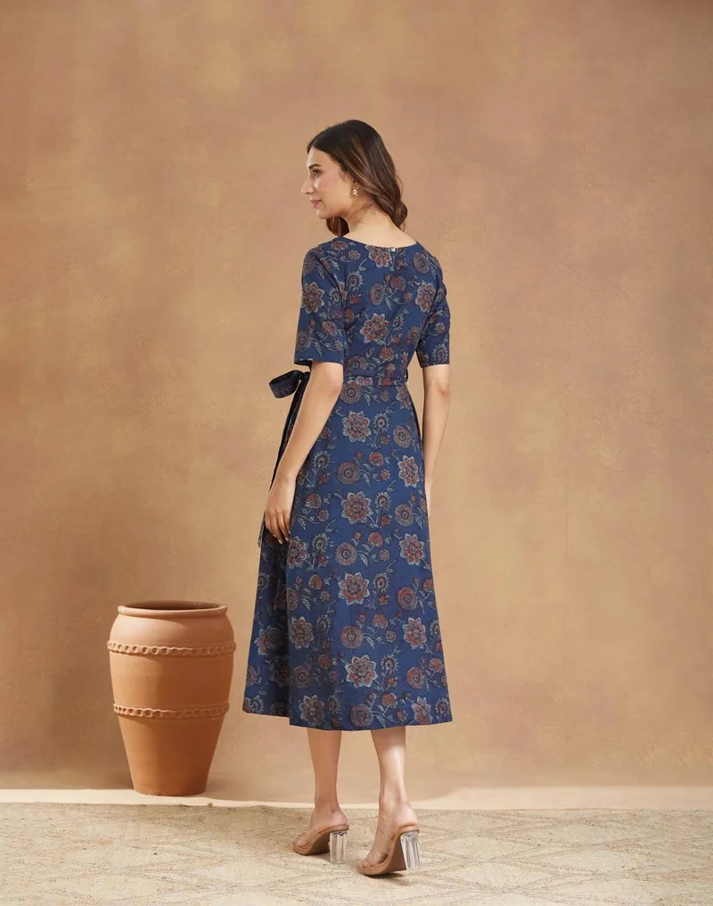 Fabindia  Blue Cotton Bagru Printed Midi Dress for Women | Best Price UAE