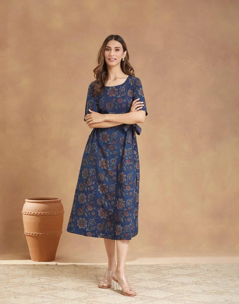 Fabindia Blue Cotton Bagru Printed Midi Dress