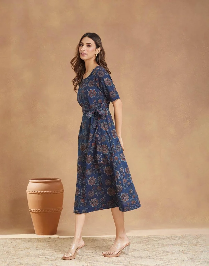 Fabindia  Blue Cotton Bagru Printed Midi Dress for Women | Best Price UAE