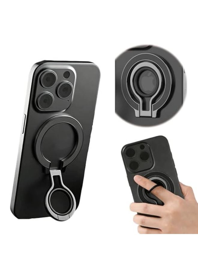 Magnetic Phone Stand with Dual Rings & Grip, Foldable Holder for Handheld & Desktop Use, Compatible with MagSafe & Magnetic Ring (Black+Orange) - Image 1