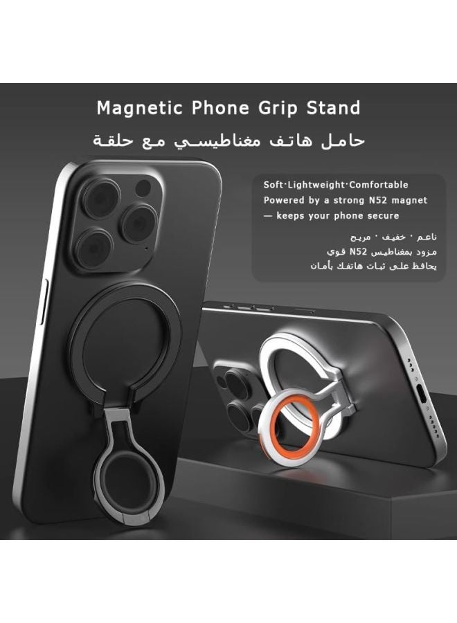 Magnetic Phone Stand with Dual Rings & Grip, Foldable Holder for Handheld & Desktop Use, Compatible with MagSafe & Magnetic Ring (Black+Orange) - Image 2
