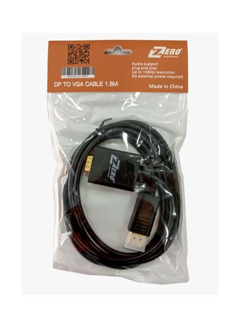 Zero DP to VGA Adapter Cable Cord 1.8m Black - Image 2