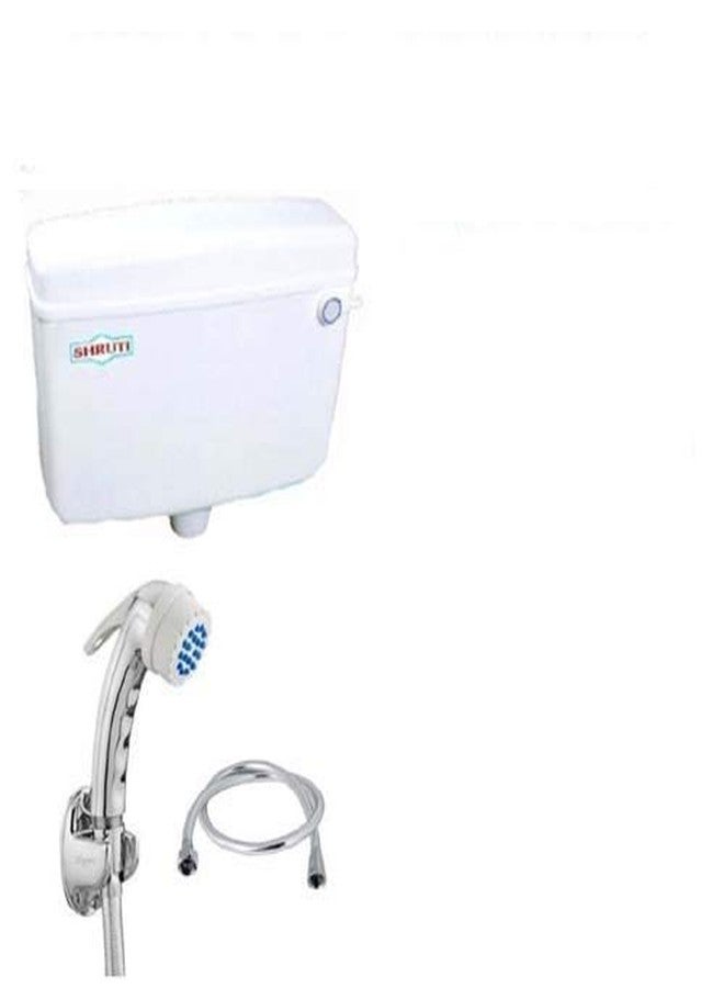 SHRUTI PVC Aqua Flow Flushing Cistern Flush Tank White 10.Liter Capacity with Free ABS Health Faucet Hind ware Type With PVC Full Flexible Full Silver Shower Tube 2.Meter & ABS Chrome Plated Stand - 2249 White-1175-1167 Full Cp - Image 1