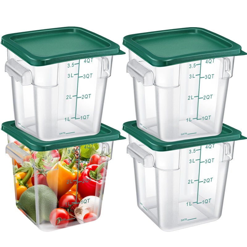 Maxcheck 4 Pcs 4Qt Food Storage Container with Lids Set Square Clear Commercial Containers with Scale and Handle Space Saving for Home Kitchen Restaurant Proof Dough Marinating Meat Green