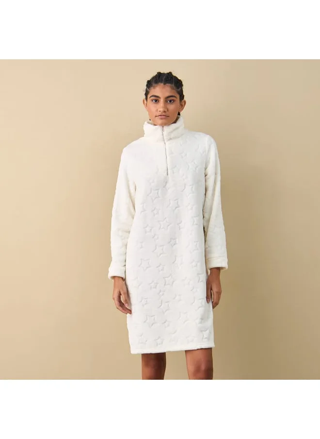 FAV Textured Long Sleeves Sleepshirt with Half Zip Closure