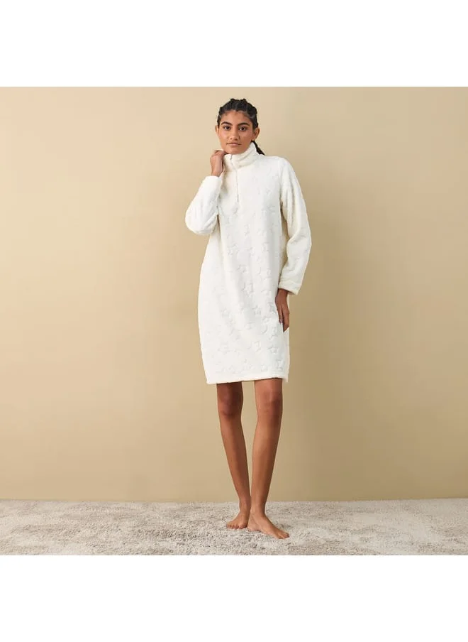 FAV Textured Long Sleeves Sleepshirt with Half Zip Closure