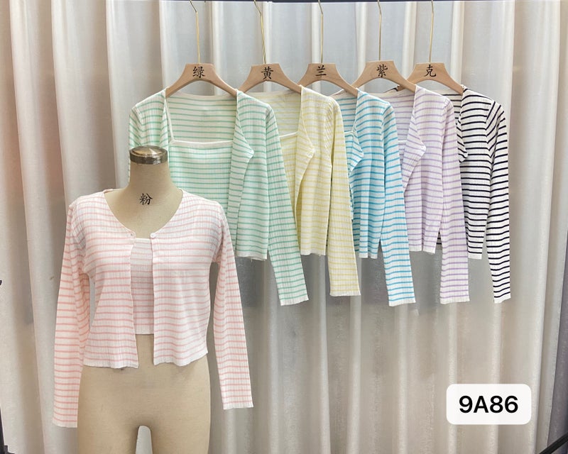 2023 Summer Chic Knit Stripe Jumpsuit and Cardigan Set Green  - Image 2