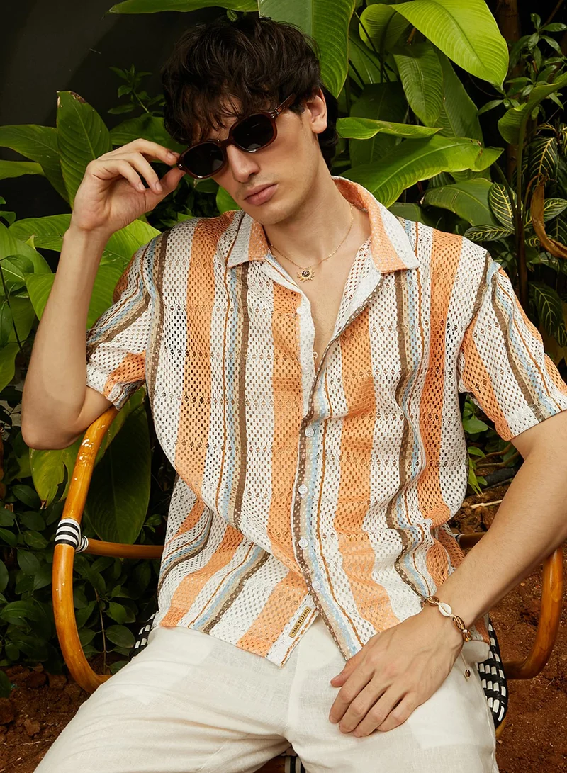 Men's Coral Orange & Saltbox Beige Multitrack Knit Oversized Shirt