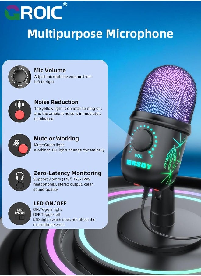 GROIC USB Microphone, Plug and Play Gaming Mic for PC, Mac, PS4/5, Podcast Microphone with RGB, Mute, Monitor, Noise Reduction, Volume Gain, Great for Recording, Streaming  - Image 2