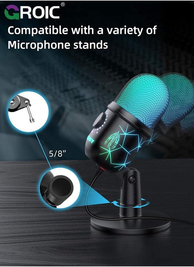 GROIC USB Microphone, Plug and Play Gaming Mic for PC, Mac, PS4/5, Podcast Microphone with RGB, Mute, Monitor, Noise Reduction, Volume Gain, Great for Recording, Streaming  - Image 5