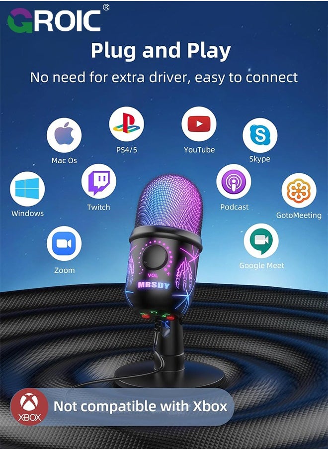 GROIC - USB Microphone, Plug and Play Gaming Mic for PC, Mac, PS4/5, Podcast Microphone with RGB, Mute, Monitor, Noise Reduction, Volume Gain, Great for Recording, Streaming - Image 1