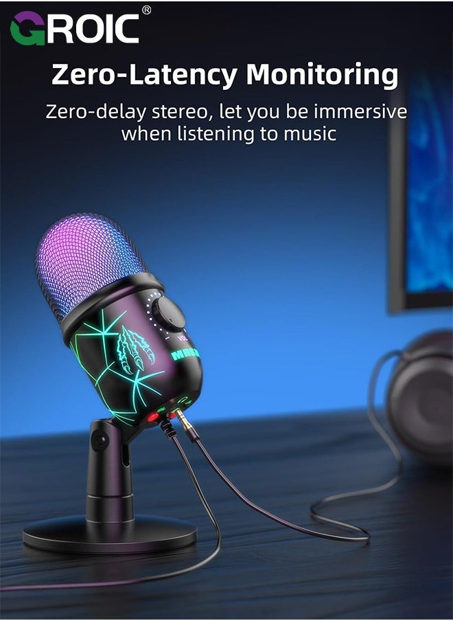 GROIC USB Microphone, Plug and Play Gaming Mic for PC, Mac, PS4/5, Podcast Microphone with RGB, Mute, Monitor, Noise Reduction, Volume Gain, Great for Recording, Streaming  - Image 4
