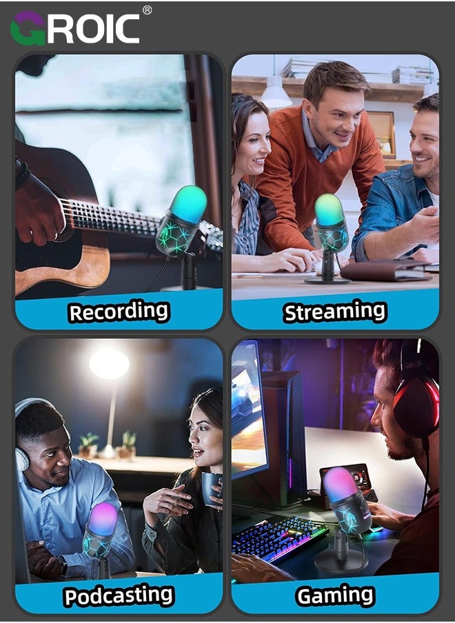 GROIC - USB Microphone, Plug and Play Gaming Mic for PC, Mac, PS4/5, Podcast Microphone with RGB, Mute, Monitor, Noise Reduction, Volume Gain, Great for Recording, Streaming - Image 1