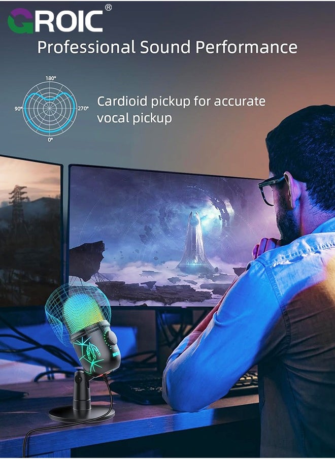 GROIC - USB Microphone, Plug and Play Gaming Mic for PC, Mac, PS4/5, Podcast Microphone with RGB, Mute, Monitor, Noise Reduction, Volume Gain, Great for Recording, Streaming - Image 1