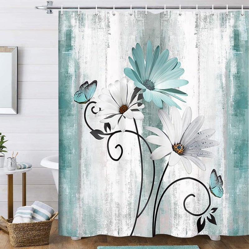 Veivian Rustic Farmhouse Startain Farm Teal Daisy Floral Flowers and Butterfly on Country Wooden Shower Startain for Bathrate Fruphoise Blue Bather Bather Bather مع 12 مساءً خطافات 70x75in