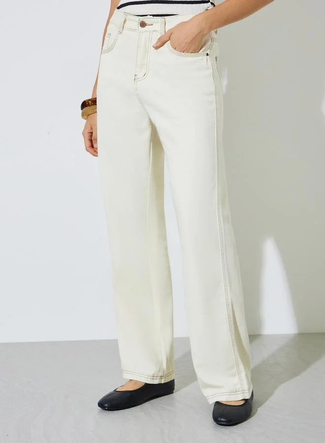 Styli Off White Mid Rise Wide Leg Jeans