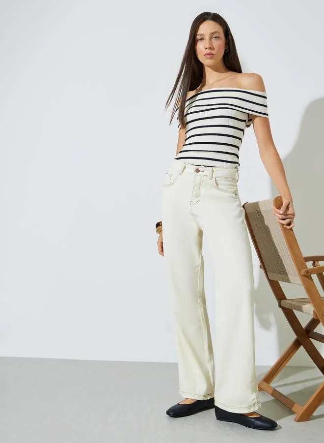 Styli Off White Mid Rise Wide Leg Jeans