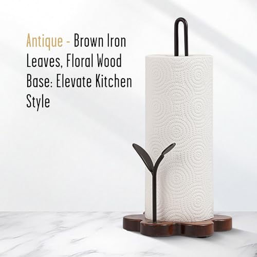 Tocemei Wooden Paper Towel Holder Countertop Floral Base with Dual Iron Rods in Antique Brown Finish LeafShaped Accent Stable Durable Non Slip Pads Elegant KitchenDining Dcor - Image 3