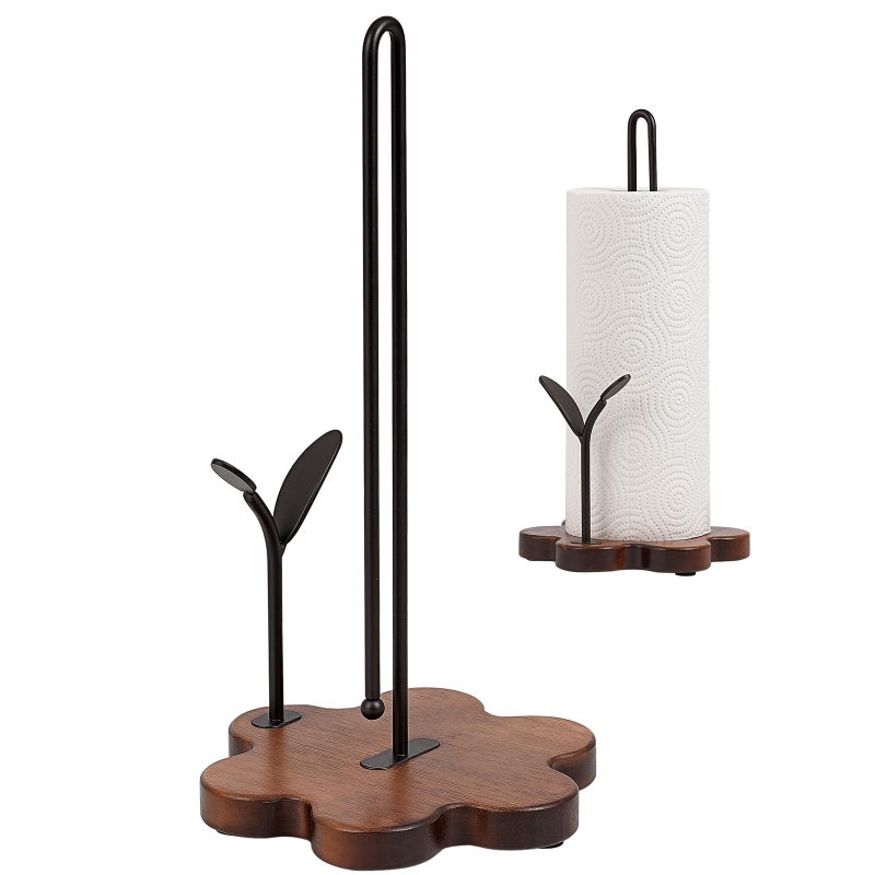 Tocemei Wooden Paper Towel Holder Countertop Floral Base with Dual Iron Rods in Antique Brown Finish LeafShaped Accent Stable Durable Non Slip Pads Elegant KitchenDining Dcor - Image 2