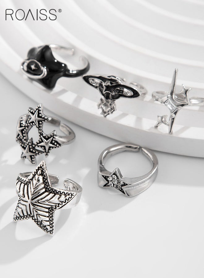 roaiss 6 Pcs Five-pointed Star Rings for Women Men, Retro Silver Punk Rings, Open Adjustable Finger Jewelry, Casual Fashion Jewelry Suitable for Gifts or Parties - Image 5