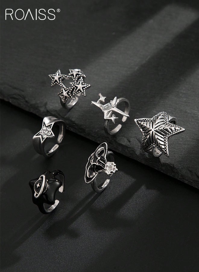 roaiss 6 Pcs Five-pointed Star Rings for Women Men, Retro Silver Punk Rings, Open Adjustable Finger Jewelry, Casual Fashion Jewelry Suitable for Gifts or Parties - Image 3
