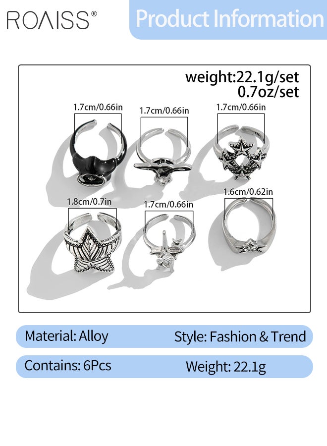 roaiss 6 Pcs Five-pointed Star Rings for Women Men, Retro Silver Punk Rings, Open Adjustable Finger Jewelry, Casual Fashion Jewelry Suitable for Gifts or Parties - Image 2