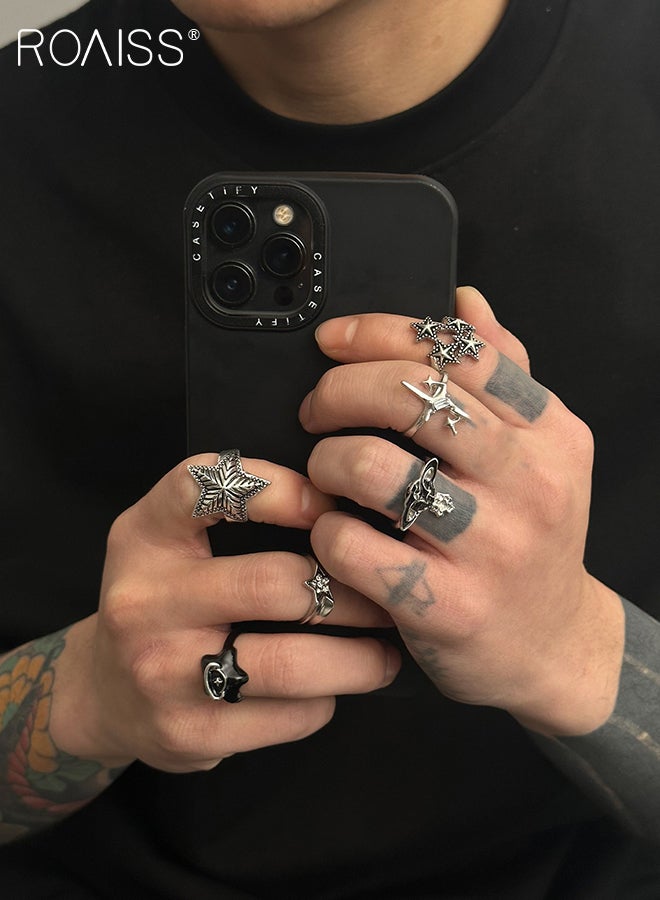 roaiss 6 Pcs Five-pointed Star Rings for Women Men, Retro Silver Punk Rings, Open Adjustable Finger Jewelry, Casual Fashion Jewelry Suitable for Gifts or Parties - Image 4