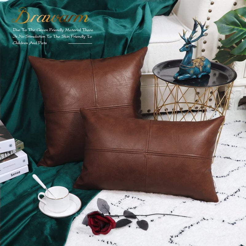BRAWARM Faux Leather Throw Pillow Covers 16 X 16 Inches  Dark Brown Leather Pillow Cover  Hand Stitched Leather Decorative Pillow Cover for Couch Sofa Bed Living Room Home Garden