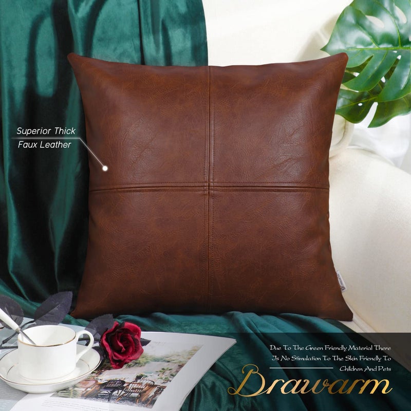 BRAWARM Faux Leather Throw Pillow Covers 16 X 16 Inches  Dark Brown Leather Pillow Cover  Hand Stitched Leather Decorative Pillow Cover for Couch Sofa Bed Living Room Home Garden